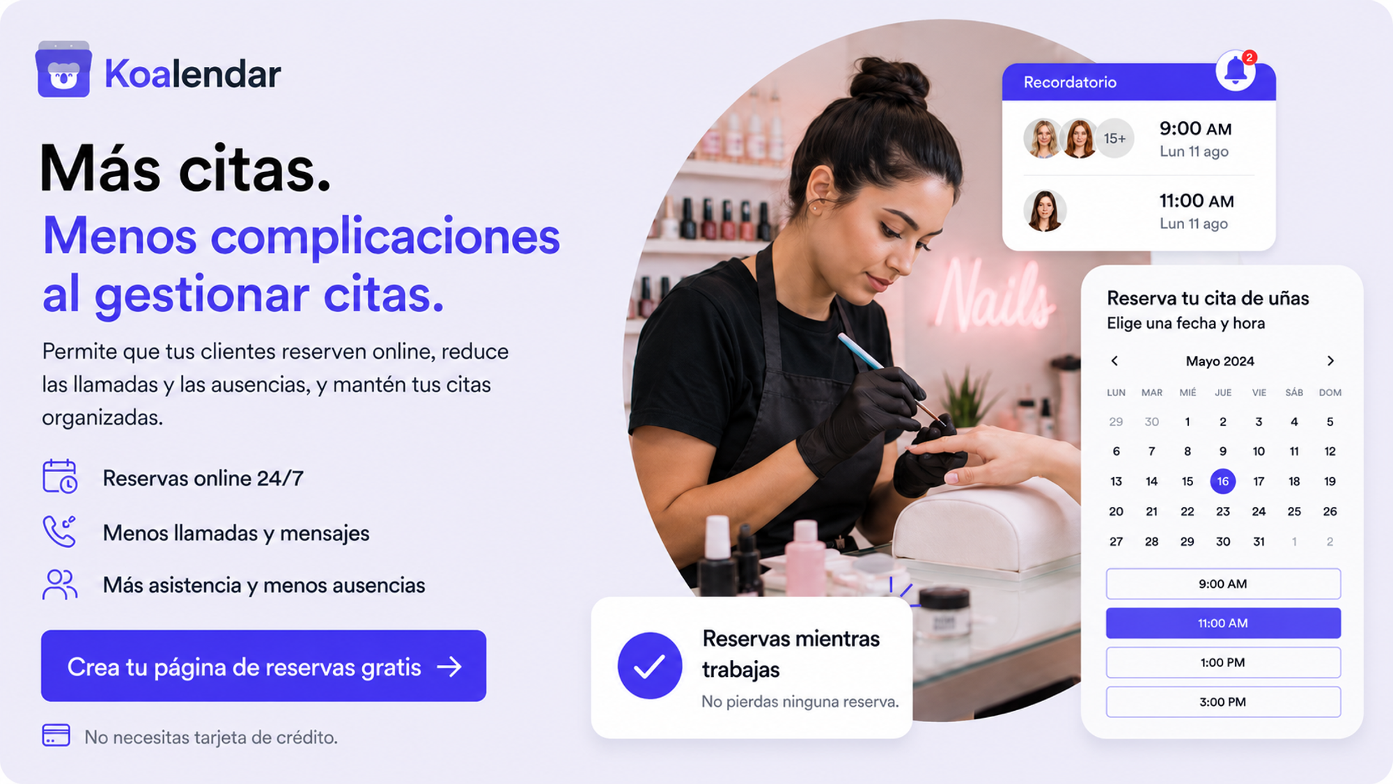 Software de reservas para salones de uñas Koalendar
